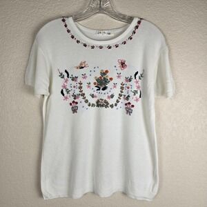 Lang-Chen Vintage Floral Embroidered Short Sleeve Knit Sweater - "Size Free"